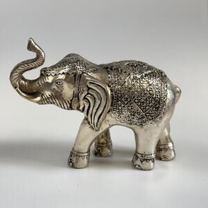 Elegant Elephant Silver Tone Figurine Wearing Caparisons On Head & Body Cute!